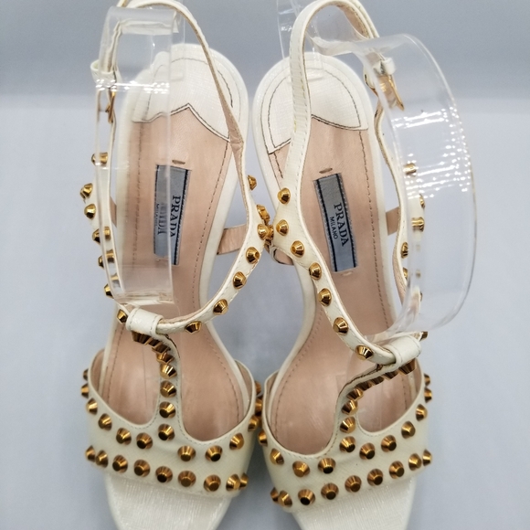 PRADA Cream Stiletto Heel with Gold Studs EU 38.5 - Picture 9 of 11